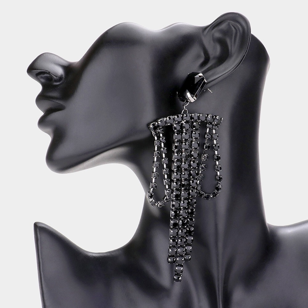 Jet Black Rhinestone Embellished Evening Statement Earrings